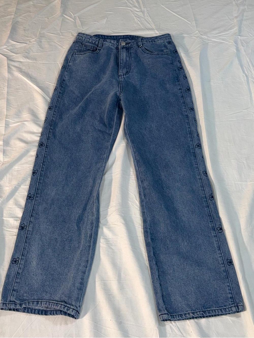 Cider Floral Embroidered Side Stripe Wide Leg Jeans Women Size Medium Blue O60